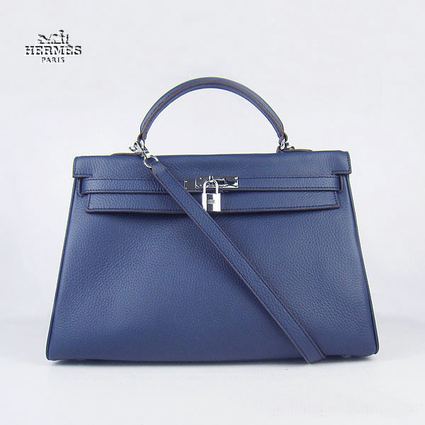 6308 Hermes Kelly 35 centimetri Togo Bag in pelle blu scuro 6308 Argento Ha